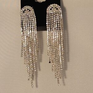 Elegant Clear Rhinestone Silver Fringe Dangle Earrings
